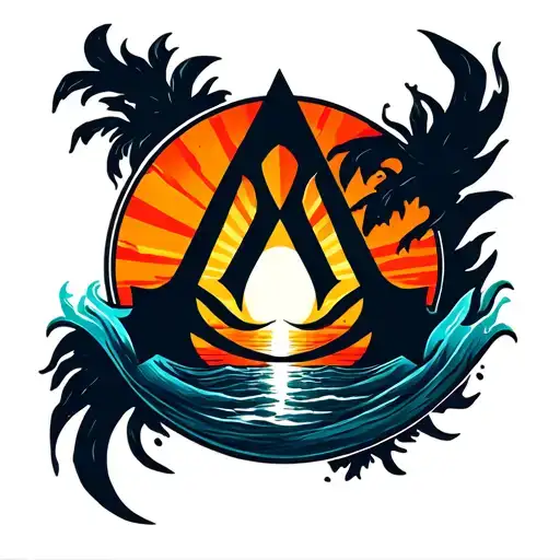 flaming ALPHA assassins creed symbol with a sunrise over ocean inside tattoo design idea