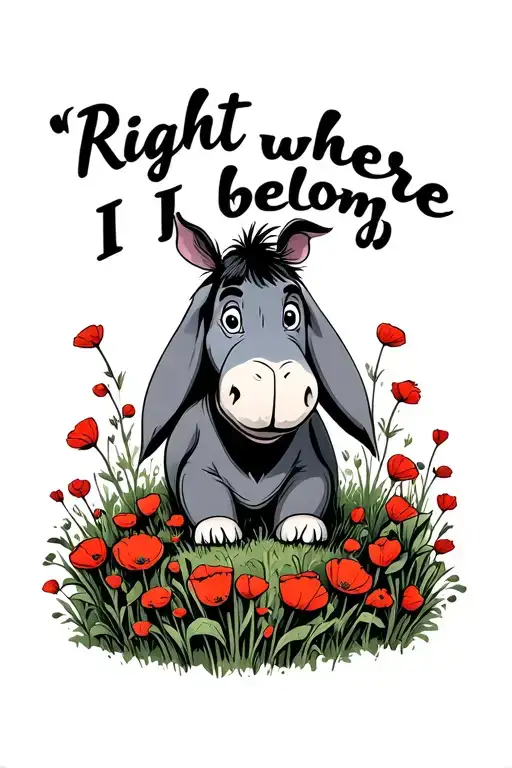 "Right where I belong" eeyore standing in a bush of poppies tattoo design idea