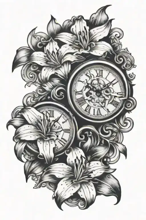 two clocks with stargazer lillies on forearm tattoo tattoo design idea