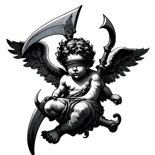 cherub blindfold holding scythe hovering tattoo design idea