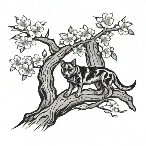 sakura cherry blossom tree with dog paw and name Sakura in the bark of the tree tattoo design idea
