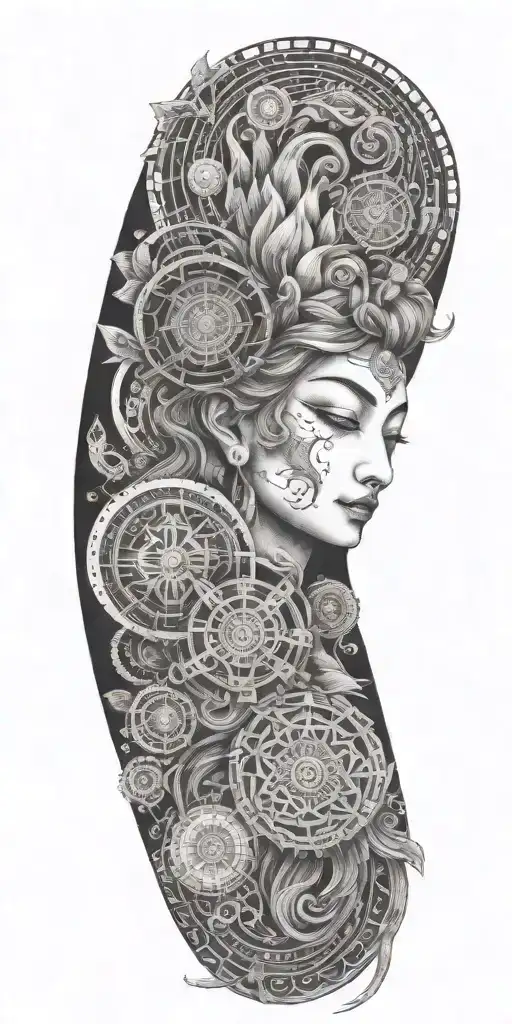 Blend Buddhist mandala, fine-line wood grain, anime elements, and subtle gaming symbols into a cohesive, flowing design tattoo design idea