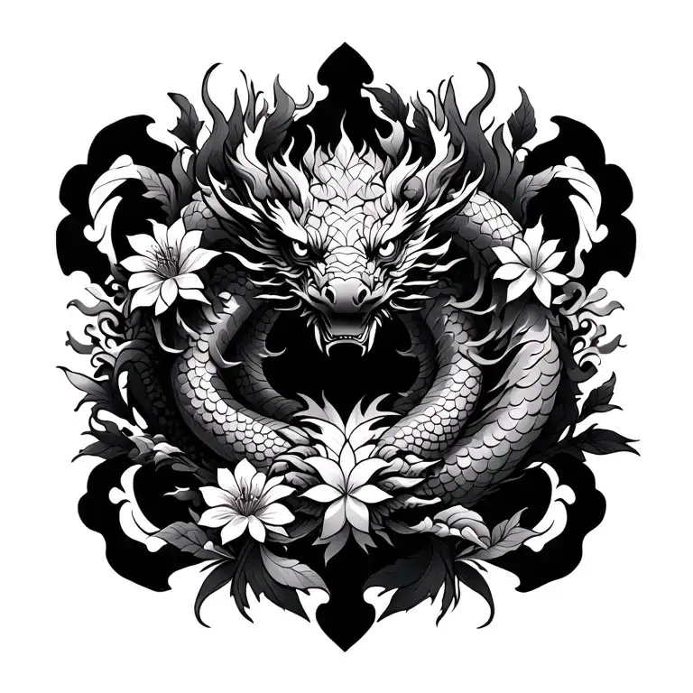 mandala oriental dragon with flowers  tattoo design idea