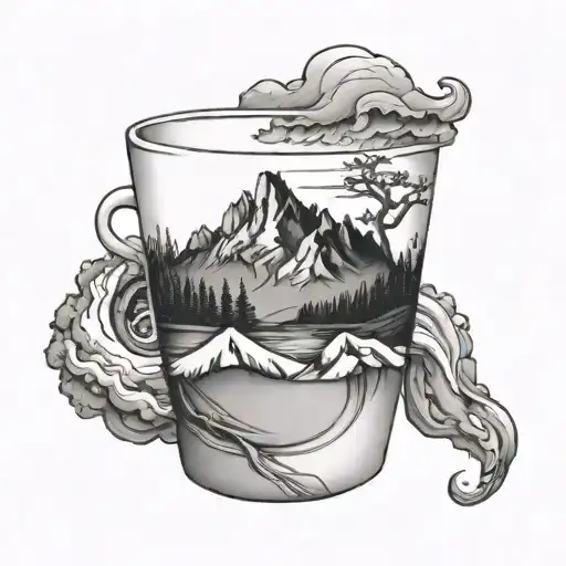 A coffee cup with a mountain landscape inside tattoo design idea