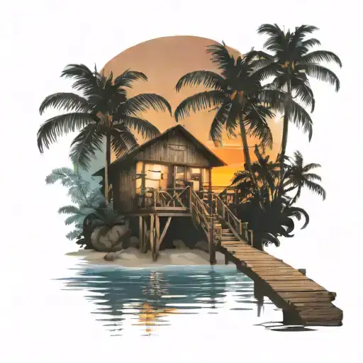 coconut tree、water bungalow at sun set tattoo design idea