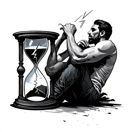 man thinking sat in an hourglass. lightening bolt cracks the hourglass tattoo design idea