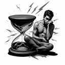 man thinking sat in an hourglass. lightening bolt cracks the hourglass tattoo design idea
