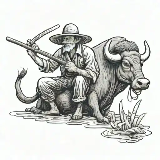 straw hat farmer playing flute siting on water buffalo tattoo design idea