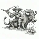 straw hat farmer playing flute siting on water buffalo tattoo design idea