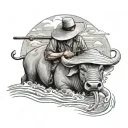 straw hat farmer playing flute siting on water buffalo tattoo design idea