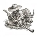 straw hat farmer playing flute siting on water buffalo tattoo design idea