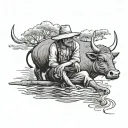 straw hat farmer playing flute siting on water buffalo tattoo design idea