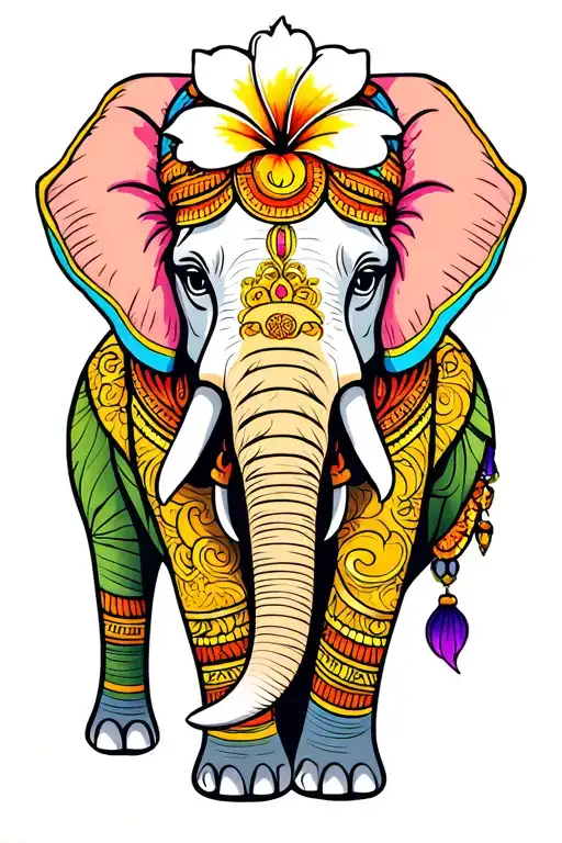 traditional Indonesian elephant with plumeria flower centered on forehead symmetrical design with bold lines in color  tattoo design idea