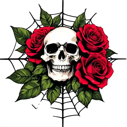 skull roses spider web tattoo design idea