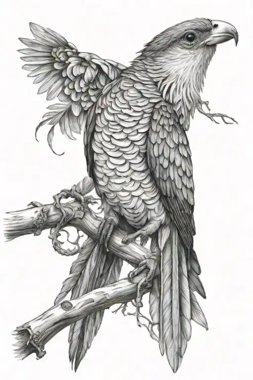 realistic black and white quetzal bird sitting on branch with shading around  tattoo design idea