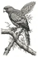 realistic black and white quetzal bird sitting on branch with shading around  tattoo design idea