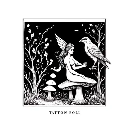 nude fairy on a mushroom forest smoking a pipe while a falcon sits by tattoo design idea