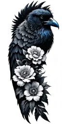 flower sleeve black and grey with some blue line work here and there and raven wings tattoo design idea