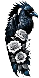 flower sleeve black and grey with some blue line work here and there and raven wings tattoo design idea