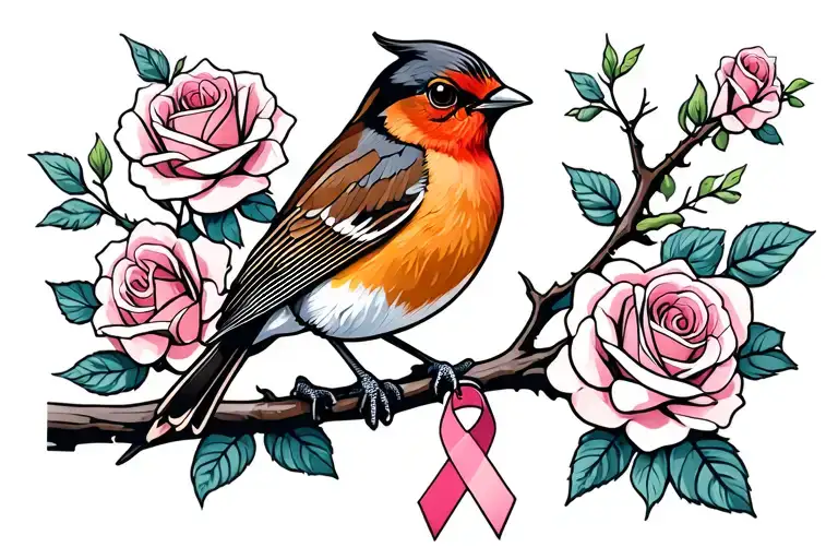 Colored Robin sitting on branch with roses around it with a cancer ribbon hanging on the branch tattoo design idea