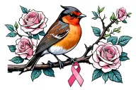 Colored Robin sitting on branch with roses around it with a cancer ribbon hanging on the branch tattoo design idea