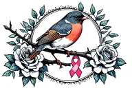 Colored Robin sitting on branch with roses around it with a cancer ribbon hanging on the branch tattoo design idea