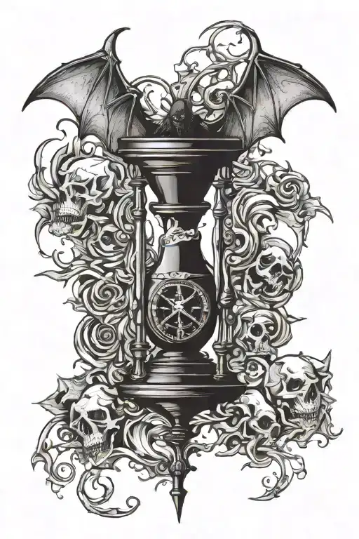 A bat wrapping an hour glass. Blood and small skulls. Lovecraftian horrors. tattoo design idea