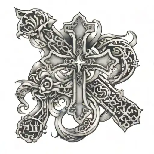 cross intertwined with names incorporated within Hannah Jordan Evan tattoo design idea