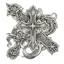 cross intertwined with names incorporated within Hannah Jordan Evan tattoo design idea