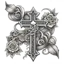 cross intertwined with names incorporated within Hannah Jordan Evan tattoo design idea