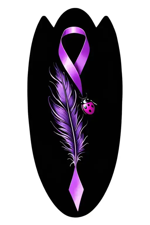 breast cancer ribbon purple ribbon with a feather as one side with a lady bug tattoo design idea