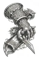 gauntlet hand Excalibur sword stuck tattoo design idea