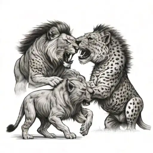 lion fight vs two hyenas, ultra realism, 4k, details tattoo design idea