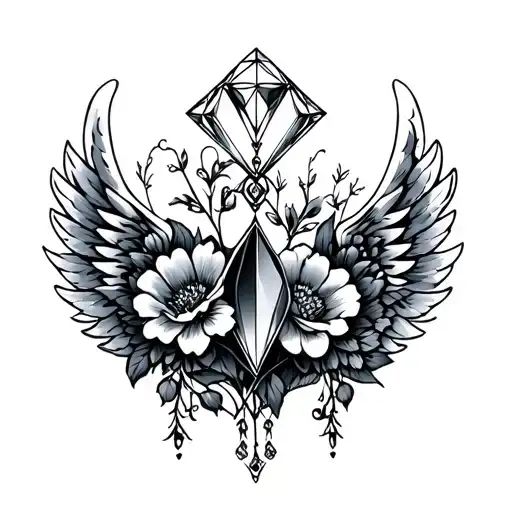 wings, flowers diamond tattoo design idea
