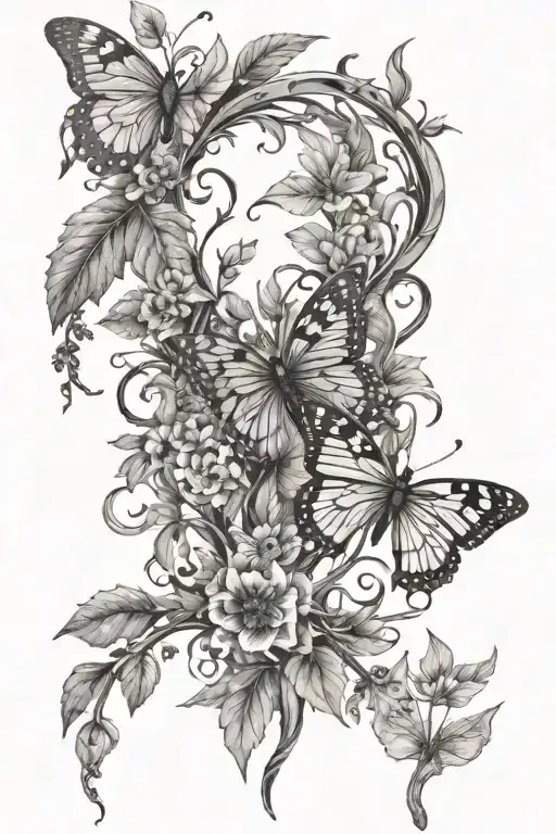 A mystical forest with the name Zendaya intertwined with the branches and leaves, surrounded by flowers and butterflies, and the roman numerals III_XXVIII_MMXXIII tattoo design idea
