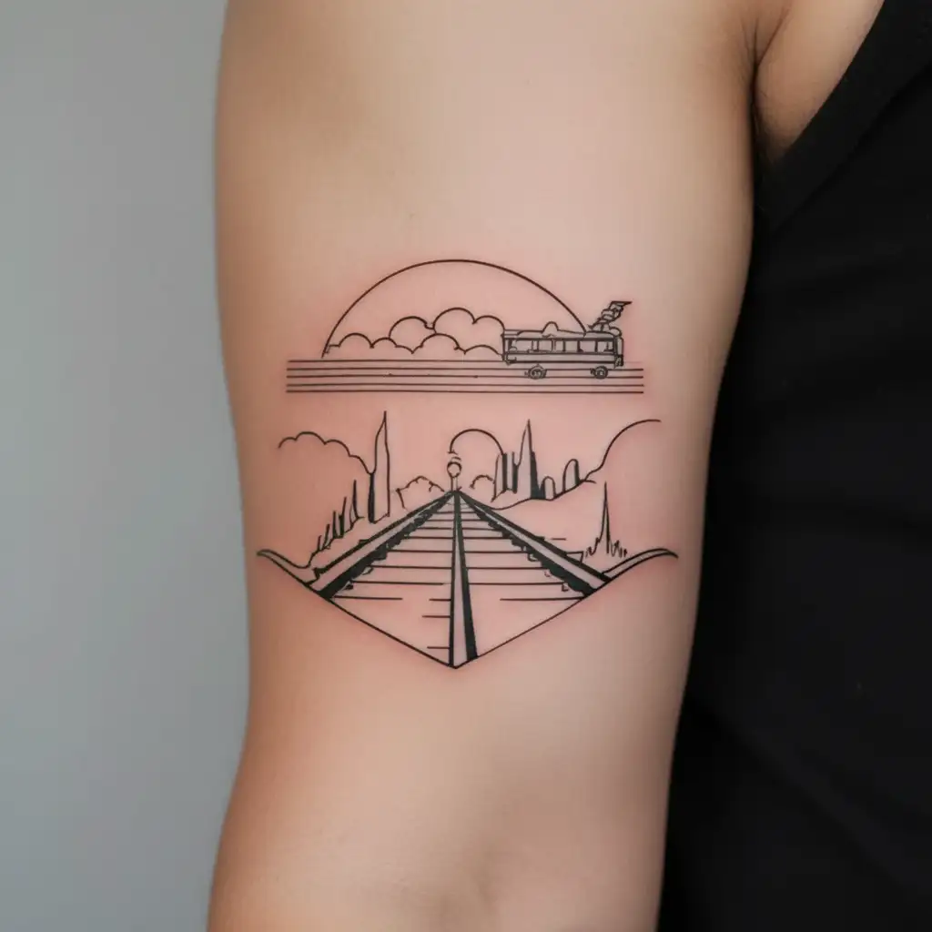 train tracks meet the road hitch hiking sunset  tattoo design idea