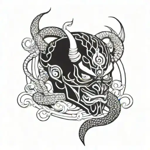 Only, Japanese, Oni Mask, Cobra, Snakes, Smoke, Moon, Sun, Vertical tattoo design idea