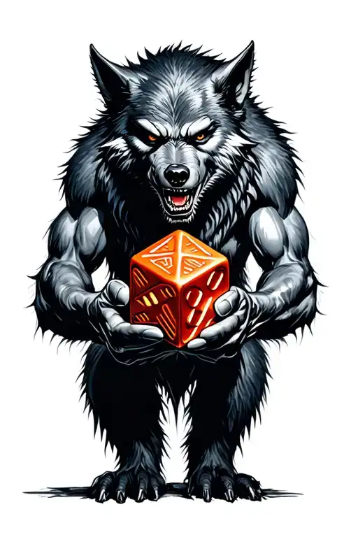 Werewolf holding D20 dice tattoo design idea