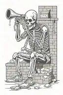 a skeleton crouched down cooks a pipe in a welding mask and a brick flies on his head tattoo design idea