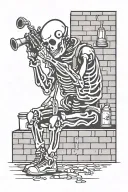 a skeleton crouched down cooks a pipe in a welding mask and a brick flies on his head tattoo design idea