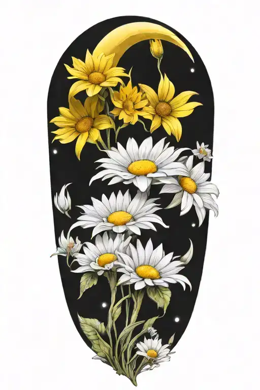 crescent moon made out of daisy flowers tattoo design idea