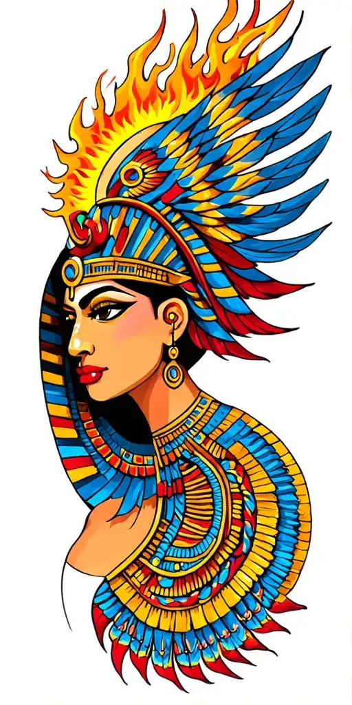 Egyptian goddess, Phoenix, Melanin Beauty full lips, Protection symbol, full sun with flames, bright colors, full color tattoo design idea