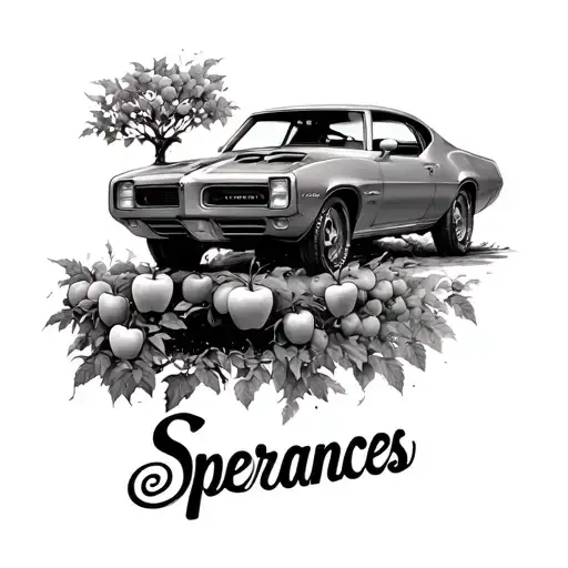 Pontiac car hitting an apple tree with the word “Speriances” below it tattoo design idea