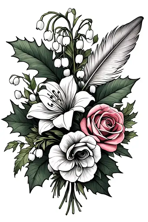 a bouquet with lily of the valley flowers and holly leaves and roses and turkey feathers tattoo design idea