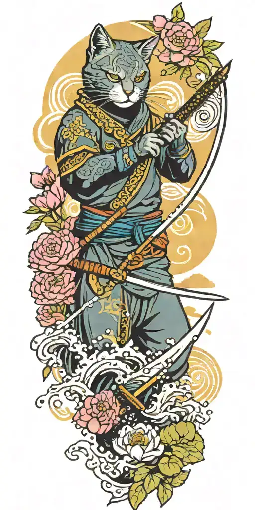 ninja cat holding katana sword, tail, water, waves, lotus, sakura, clouds, whirlpool, leaves, peony, sunset tattoo design idea