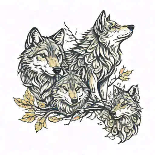 wolf family 2 adults 2 children oak tree colored leaves tattoo design idea