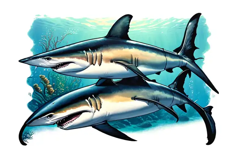 2 reef sharks side by side profile tattoo design idea