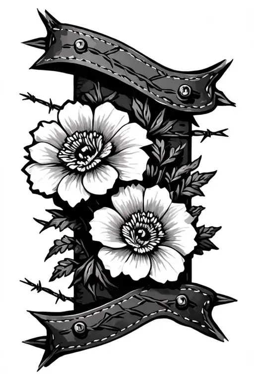 Western tooled leather background with flowers and barbed wire tattoo design idea