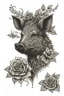wild boar head and roses  tattoo design idea