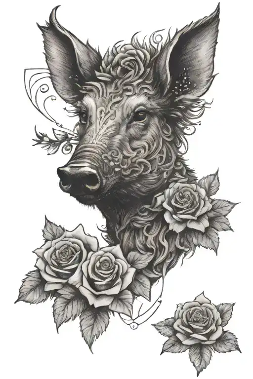 wild boar head and roses  tattoo design idea